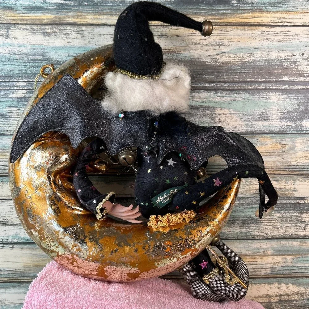Rare Mark Roberts Winged Moon Devil Fairy Halloween Jester Crescent Moon Decor - Picture 2 of 11